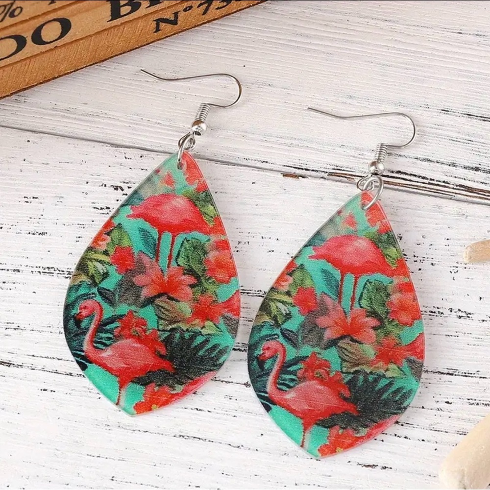 Pink Flamingos Tropical Leaves Acrylic Raindrop Shaped Earrings Hibiscus - Picture 3 of 4